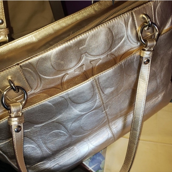 Coach Gold Metallic Monogram Embossed Shoulder Tote - Picture 6 of 15